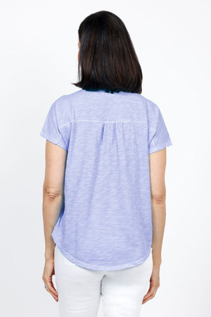 Elliott Lauren Button Front Tee in iris. Garment tied cotton tee with pointed collar and button down front. Shirt tail hem. Relaxed fit._60078537474414