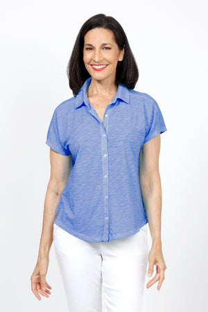 Elliott Lauren Button Front Tee in Marine. Garment tied cotton tee with pointed collar and button down front. Shirt tail hem. Relaxed fit._60078537998702