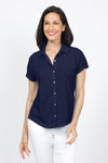Elliott Lauren Button Front Tee in Navy. Garment tied cotton tee with pointed collar and button down front. Shirt tail hem. Relaxed fit._t_60078537834862