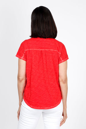 Elliott Lauren Button Front Tee in Red. Garment tied cotton tee with pointed collar and button down front. Shirt tail hem. Relaxed fit._60078537212270