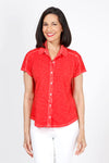 Elliott Lauren Button Front Tee in Red. Garment tied cotton tee with pointed collar and button down front. Shirt tail hem. Relaxed fit._t_60078537900398