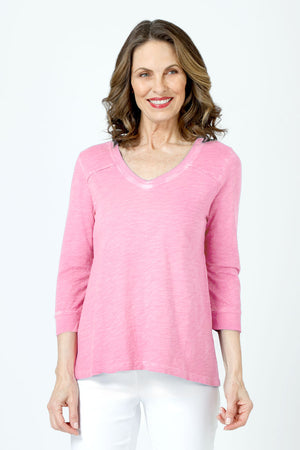 Elliott Lauren Garment Dye V Neck Tee in Azalea.  Slub cotton tee with banded v neck and seam detail below shoulder.  3/4 sleeve with cuff.  Back center seam. Relaxed fit._60710632489326