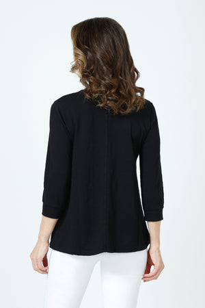 Elliott Lauren Garment Dye V Neck Tee in Black.  Slub cotton tee with banded v neck and seam detail below shoulder.  3/4 sleeve with cuff.  Back center seam. Relaxed fit._59962036519278