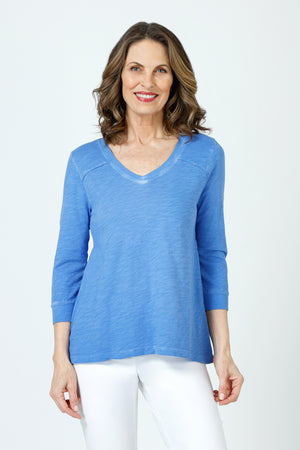 Elliott Lauren Garment Dye V Neck Tee in Marine.  Slub cotton tee with banded v neck and seam detail below shoulder.  3/4 sleeve with cuff.  Back center seam. Relaxed fit._59962036584814
