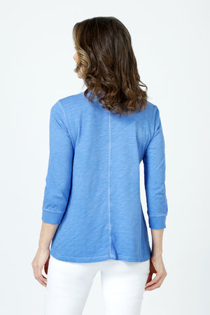 Elliott Lauren Garment Dye V Neck Tee in Marine.  Slub cotton tee with banded v neck and seam detail below shoulder.  3/4 sleeve with cuff.  Back center seam. Relaxed fit._59962036650350