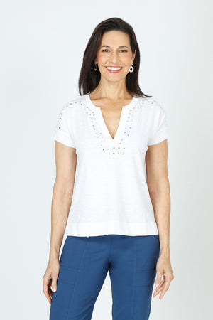 Elliott Lauren Mirror Image Top in White.  Banded crew with split v placket.  Embossed mirrored appliques around neckline and placket and down shoulder and center sleeve.  Short sleeve with sewn cuff.  Classic fit._60215254057326