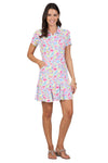 IBKUL Massie Print Dress in Watermelon Bulit.  Paisley print in watermelong, blue, yellow and green on a white background.  Short sleeve polo dress with half zip front.  Contour seams.  2 front slant pockets with hidden zippers.  Godet hem.  Classic fit._t_34326622568648