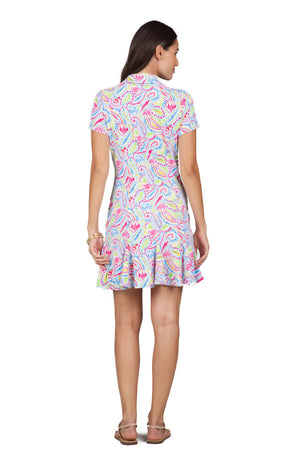 IBKUL Massie Print Dress in Watermelon Bulit. Paisley print in watermelong, blue, yellow and green on a white background. Short sleeve polo dress with half zip front. Contour seams. 2 front slant pockets with hidden zippers. Godet hem. Classic fit._34326622503112
