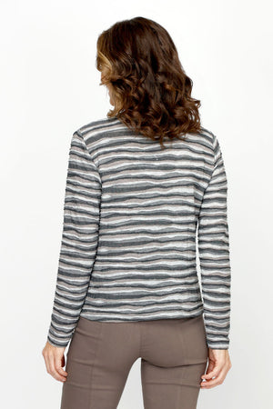 Elliott Lauren Silver Lining Top in Gray Multi.  Banded v neck with long sleeves. Textural waved stripe pattern.  Relaxed fit._61066800693614