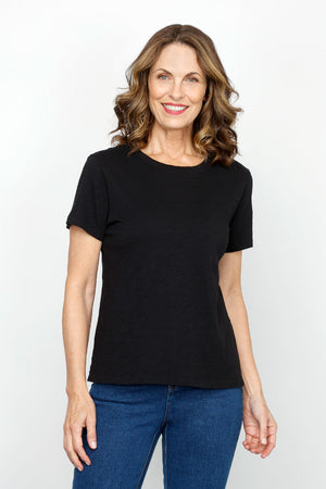 Elliott Lauren Garment Dye Tee in Black.  Crew neck short sleeve garment dye tee.  Rib trim at neckline.  A line.  Relaxed fit._61323728847214
