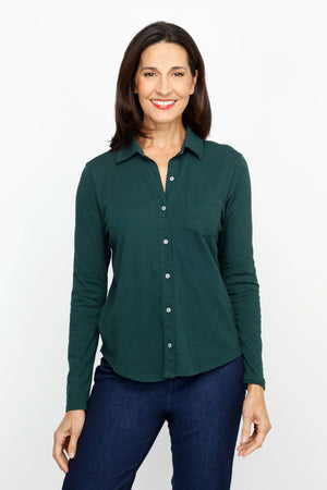 Elliott Lauren Button Down Tee in Pine. Garment dyed button down with pointed collar. Long sleeves. Single breast pocket. Back yoke. Shirt tail hem. Relaxed fit._60967384613230