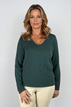 Elliott Lauren V Neck Tee in Pine.  V neck long sleeve garment dye tee.  A line shape.  Rib detail at neck.  Relaxed fit._61324630294894