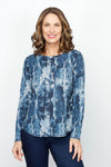 Elliott Lauren Blue Note Top.  Shades of abstract blue on a heathered gray background.  Crew neck long sleeve sweater with center front and back seams.  Curved hem. Top stitch detail at neck, center seams, cuff and hem. Relaxed fit._t_61066853810542