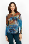 Elliott Lauren Color Therapy Knit Top.  Abstract screen print in reds and blues on a grey texture waffle background.  Crew neck long sleeve sweater.  Front center seam.  Curved hem.  Top stitch detail.  Relaxed fit._t_61066926621038