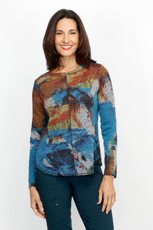 Elliott Lauren Color Therapy Knit Top.  Abstract screen print in reds and blues on a grey texture waffle background.  Crew neck long sleeve sweater.  Front center seam.  Curved hem.  Top stitch detail.  Relaxed fit._61066926621038