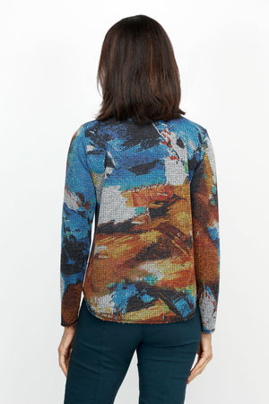 Elliott Lauren Color Therapy Knit Top.  Abstract screen print in reds and blues on a grey texture waffle background.  Crew neck long sleeve sweater.  Front center seam.  Curved hem.  Top stitch detail.  Relaxed fit._61066926653806