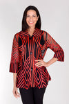 Frederique Geometric Soutache Jacket in Red. Red ribbon in abstract geometric pattern on Black mesh. Button down jacket with collar and 3/4 tulip sleeve. Relaxed fit._t_34526541250760
