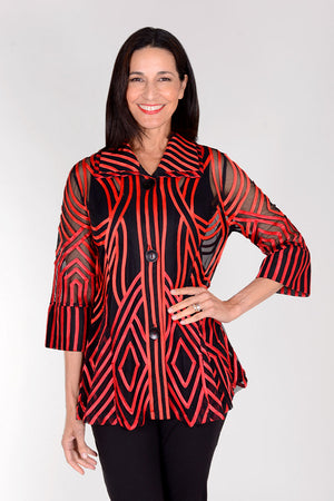 Frederique Geometric Soutache Jacket in Red. Red ribbon in abstract geometric pattern on Black mesh. Button down jacket with collar and 3/4 tulip sleeve. Relaxed fit._34526541250760