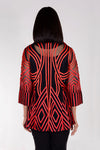 Frederique Geometric Soutache Jacket in Red. Red ribbon in abstract geometric pattern on Black mesh. Button down jacket with collar and 3/4 tulip sleeve. Relaxed fit._t_34526541283528