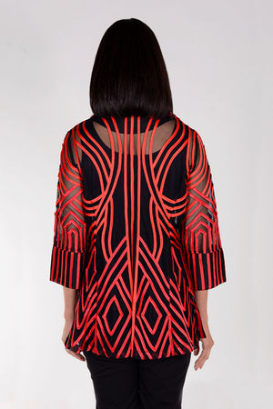 Frederique Geometric Soutache Jacket in Red. Red ribbon in abstract geometric pattern on Black mesh. Button down jacket with collar and 3/4 tulip sleeve. Relaxed fit._34526541283528