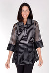 Frederique Two Tone Maze Jacket in Silver. Silver and gray ribbon in maze pattern on black mesh. Button down swing jacket with pointed collar and 3/4 tulip sleeve. Relaxed fit._t_34536637628616