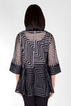 Frederique Two Tone Maze Jacket in Silver. Silver and gray ribbon in maze pattern on black mesh. Button down swing jacket with pointed collar and 3/4 tulip sleeve. Relaxed fit._t_34536637595848