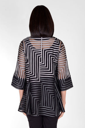 Frederique Two Tone Maze Jacket in Silver. Silver and gray ribbon in maze pattern on black mesh. Button down swing jacket with pointed collar and 3/4 tulip sleeve. Relaxed fit._34536637595848