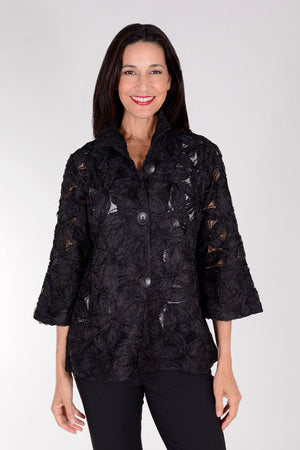 Frederique Sheer Floral Jacket in Black. Adjustable wire collar aline jacket. Floral appliques sewn together, with mesh. 3/4 sleeve with tulip sleeve. Relaed fit._34616112414920