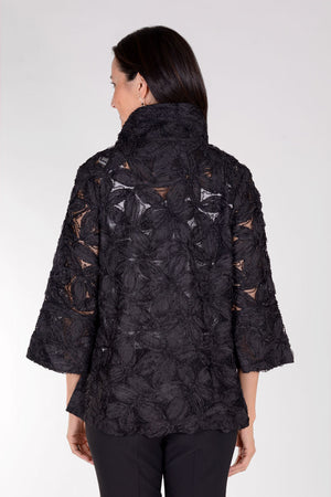 Frederique Sheer Floral Jacket in Black. Adjustable wire collar aline jacket. Floral appliques sewn together, with mesh. 3/4 sleeve with tulip sleeve. Relaed fit._34616112382152