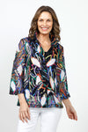 Frederique Floral Soutache Jacket in Multi. Bright multi soutache ribbon and embroidery in floral pattern on black mesh. Convertible wire collar button front jacket with 3/4 sleeve with tulip hem. A line shape. Relaxed fit._t_34995497861320