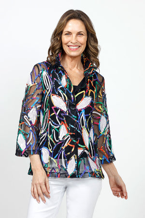 Frederique Floral Soutache Jacket in Multi. Bright multi soutache ribbon and embroidery in floral pattern on black mesh. Convertible wire collar button front jacket with 3/4 sleeve with tulip hem. A line shape. Relaxed fit._34995497861320