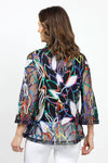 Frederique Floral Soutache Jacket in Multi. Bright multi soutache ribbon and embroidery in floral pattern on black mesh. Convertible wire collar button front jacket with 3/4 sleeve with tulip hem. A line shape. Relaxed fit._t_34995497828552