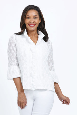 Frederique Sparkle & Ruffle Jacket in White.. Lightweight mesh jacket with textural diamond pattern with lurex sparkle. Button down with ruffle trim on button placket. 3/4 sleeve with tulip hem. Relaxed fit._34933438972104