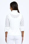 Frederique Sparkle & Ruffle Jacket in White.. Lightweight mesh jacket with textural diamond pattern with lurex sparkle. Button down with ruffle trim on button placket. 3/4 sleeve with tulip hem. Relaxed fit._t_34933438906568