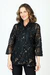 Frederique Sequin Floral Jacket in Black.  Adjustable wire collar button down jacket.  3/4 sleeve with tulip hem.  Soutache floral ribbon with gold sequin trim on black mesh.  Mesh lined.  A line shape.  Relaxed fit._t_59570268078446