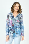Frederique Newspaper Print Hoodie in multi.  Printed mesh jacket with zip front and attached hood.  Drawstring waist.  Relaxed fit._t_60077131628910