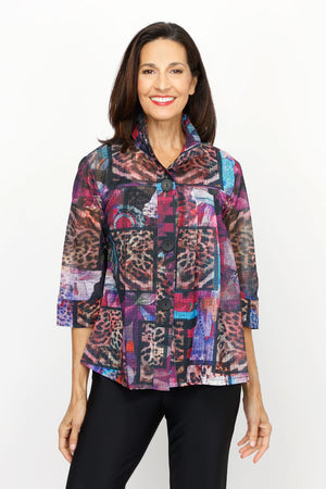 Frederique Mixed Animal & Floral Jacket.  Mesh button down jacket with 3 novelty buttons.  Patchwork of floral and leopard print.  Front yoke with 3 pleats on left.  Back center seam with inverted pleat. 3/4 sleeve with cuff.  Relaxed fit._61189801935214