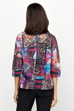 Frederique Mixed Animal & Floral Jacket.  Mesh button down jacket with 3 novelty buttons.  Patchwork of floral and leopard print.  Front yoke with 3 pleats on left.  Back center seam with inverted pleat. 3/4 sleeve with cuff.  Relaxed fit._61189801967982