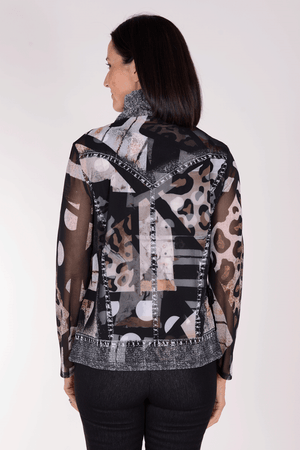 Frederique Leopard Denim Twinset in black. Boat neck sleeveless tank in animal print with coordinating screen print jacket with leopard print and printed jean jacket details. Zip front jacket with long sleeves and adjustable ruched wire collar. Relaxed fit._34377930965192