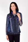 Frederique Houndstooth Twin Set. Houndstooth print tank in blue, black and white with coordinating printed mesh zip front jacket with adjustable wire collar and long sleeves. Jacket is screen printed with jean jacket front and faux corset lace details in back. Relaxed fit._t_34422216720584