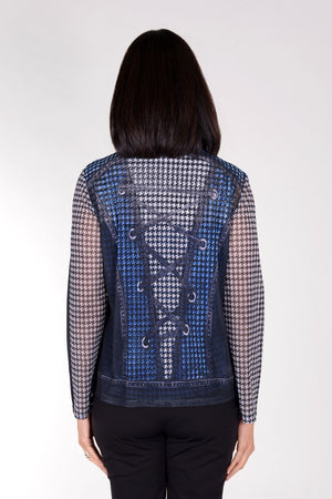 Frederique Houndstooth Twin Set. Houndstooth print tank in blue, black and white with coordinating printed mesh zip front jacket with adjustable wire collar and long sleeves. Jacket is screen printed with jean jacket front and faux corset lace details in back. Relaxed fit._34422216753352