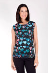 Frederique Hearts Twinset in dark blue with multi colored hearts.  Mesh zip front jacket with screen printed hearts and jean jacket details.  Crew neck sleeveless tank in polyester jersey.  Relaxed fit._t_34422164750536