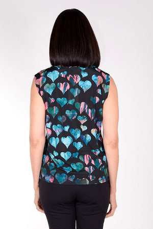 Frederique Hearts Twinset in dark blue with multi colored hearts. Mesh zip front jacket with screen printed hearts and jean jacket details. Crew neck sleeveless tank in polyester jersey. Relaxed fit._34422164783304