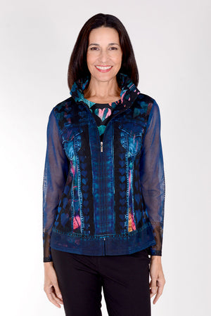 Frederique Hearts Twinset in dark blue with multi colored hearts. Mesh zip front jacket with screen printed hearts and jean jacket details. Crew neck sleeveless tank in polyester jersey. Relaxed fit._34422164816072