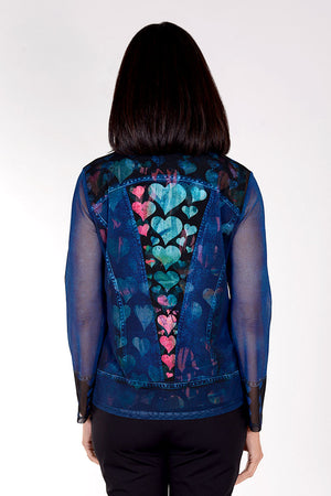 Frederique Hearts Twinset in dark blue with multi colored hearts. Mesh zip front jacket with screen printed hearts and jean jacket details. Crew neck sleeveless tank in polyester jersey. Relaxed fit._34422164848840