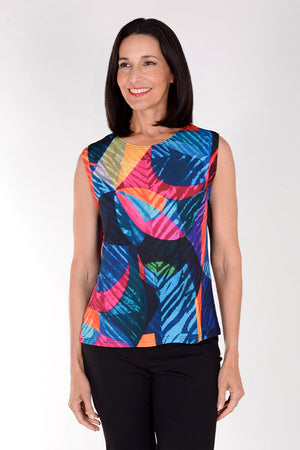 Frederique Color Grooves Twin Set. Multi colored abstract swirled print. Crew neck sleeveless tank with screen printed mesh jacket. Zip front with adjustable wire collar and long sleeves. Relaxed fit._34618409156808