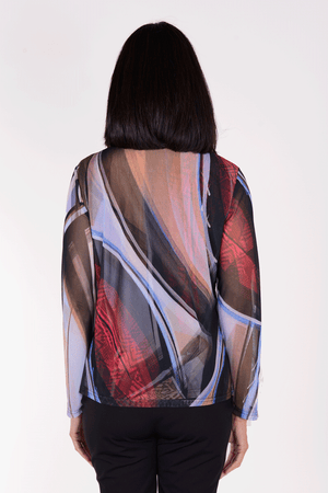 Frederique Strokes Twin Set in Multi colors. Broad abstract strokes of color in shades of blue, black brown and red. Jersey sleeveless crew neck tank with coordinating screen printed mesh front zip jacket. Long sleeves. Adjustable ruched collar. Relaxed fit._34378012557512