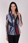 Frederique Strokes Twin Set in Multi colors.  Broad abstract strokes of color in shades of blue, black brown and red.  Jersey sleeveless crew neck tank with coordinating screen printed mesh front zip jacket.  Long sleeves.  Adjustable ruched collar.  Relaxed fit._t_34378012459208