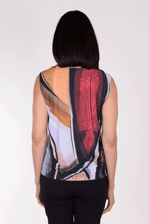 Frederique Strokes Twin Set in Multi colors. Broad abstract strokes of color in shades of blue, black brown and red. Jersey sleeveless crew neck tank with coordinating screen printed mesh front zip jacket. Long sleeves. Adjustable ruched collar. Relaxed fit._34378012491976