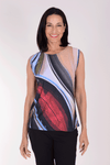Frederique Strokes Twin Set in Multi colors. Broad abstract strokes of color in shades of blue, black brown and red. Jersey sleeveless crew neck tank with coordinating screen printed mesh front zip jacket. Long sleeves. Adjustable ruched collar. Relaxed fit._t_34378012524744